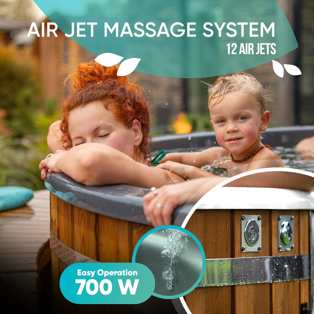 People in a hot tub with air jet massage system and hot tub details.