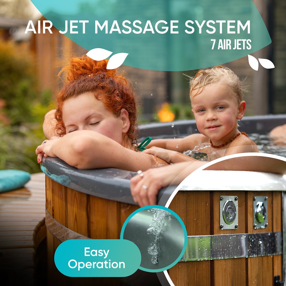 People in a hot tub with air jet massage system and easy operation features.