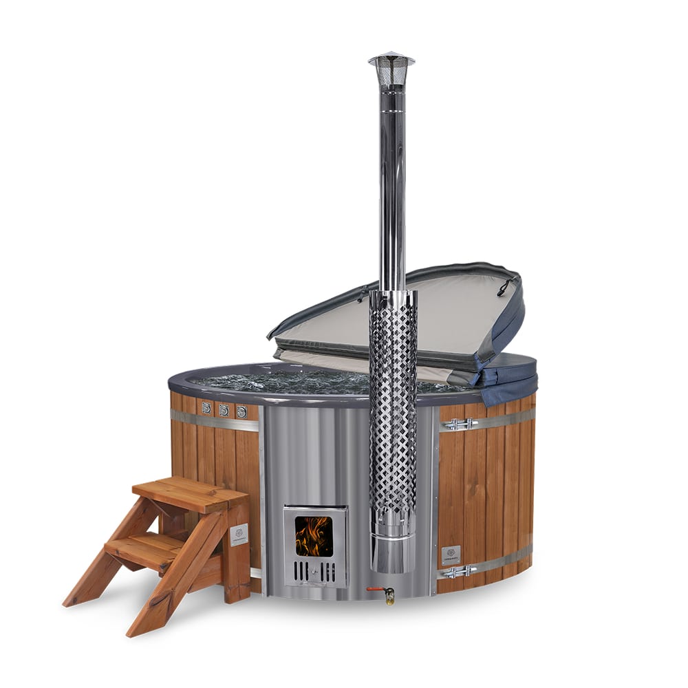 wood fired hot tub with wooden exterior and metal chimney on white background