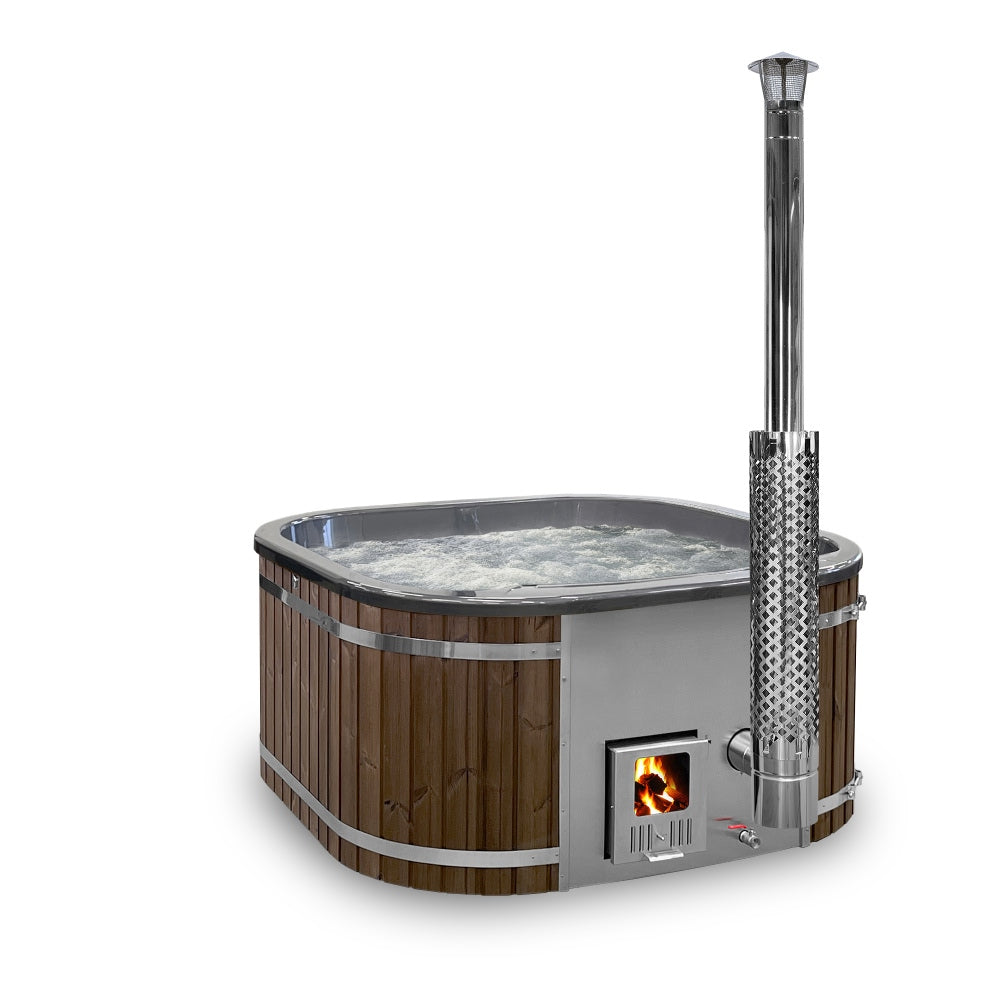 A square-shaped wood fired hot tub with metallic colors, featuring spruce wood paneling and a visible integrated heater with a chimney flue.