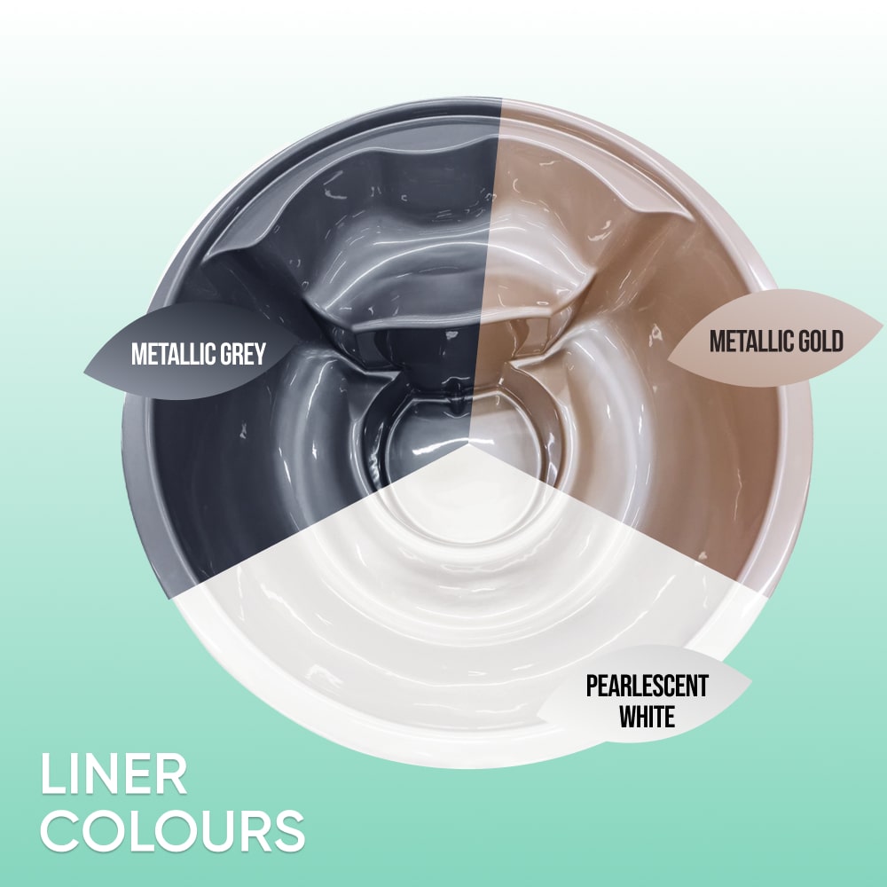 Color swatch wheel with metallic grey, metallic gold, and pearlescent white shades on a light green background.