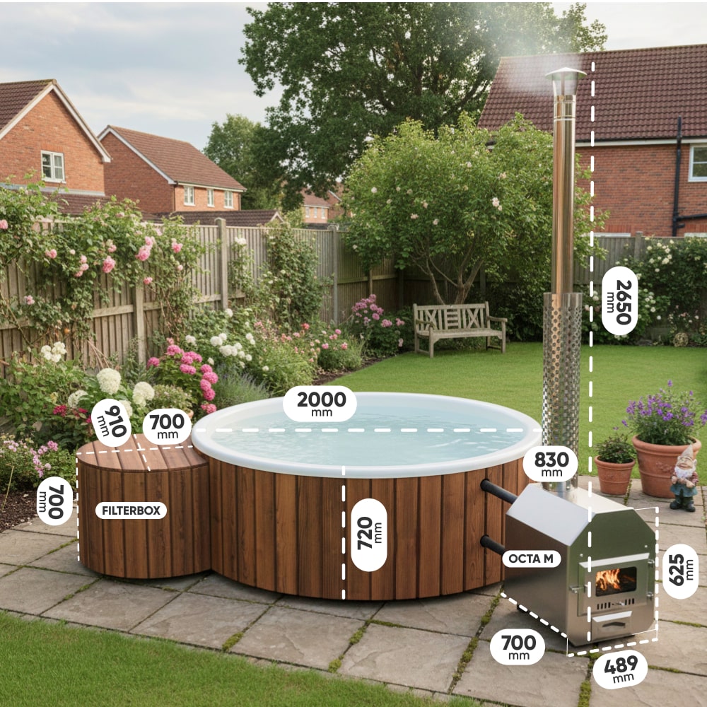 Outdoor view of wood fired hot tub with integrated fire stove, filterbox, and garden setting with wooden bench and plants