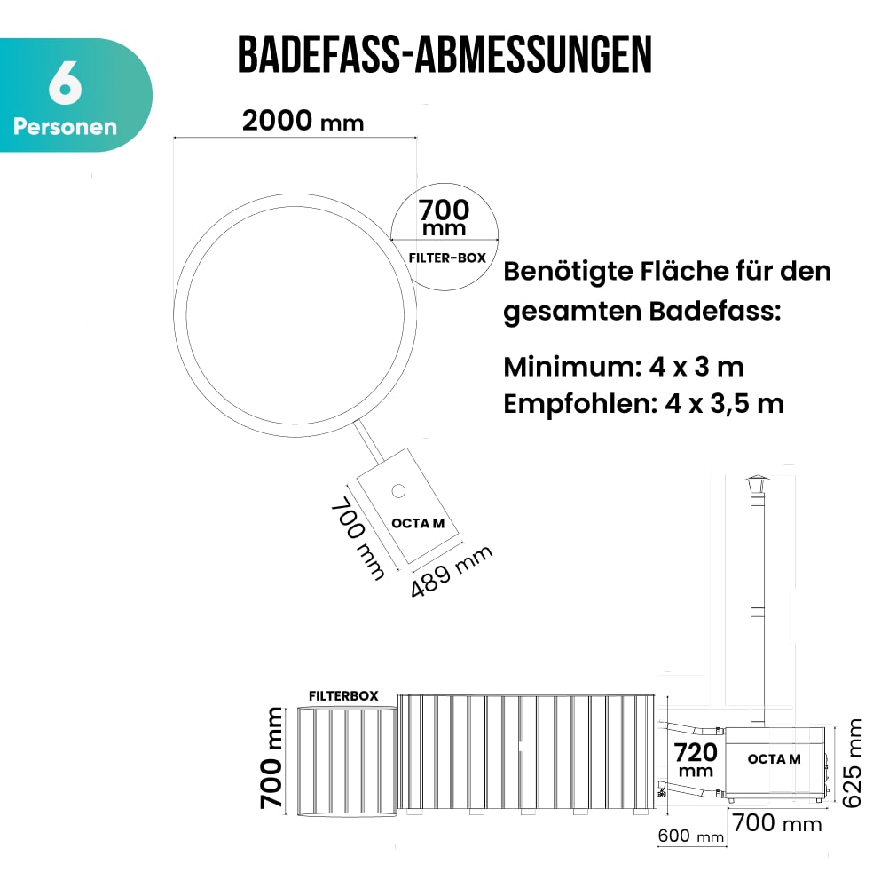 Top and side schematic of round wooden hot tub for 6 people with filter box and integrated stove dimensions in millimeters