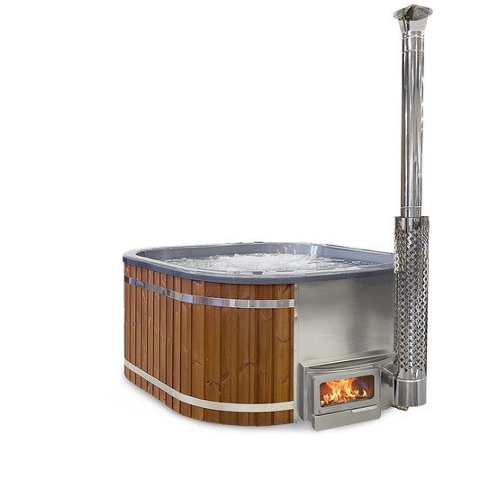 Wood-fired hot tub with wooden exterior and Horizon stove on a white background
