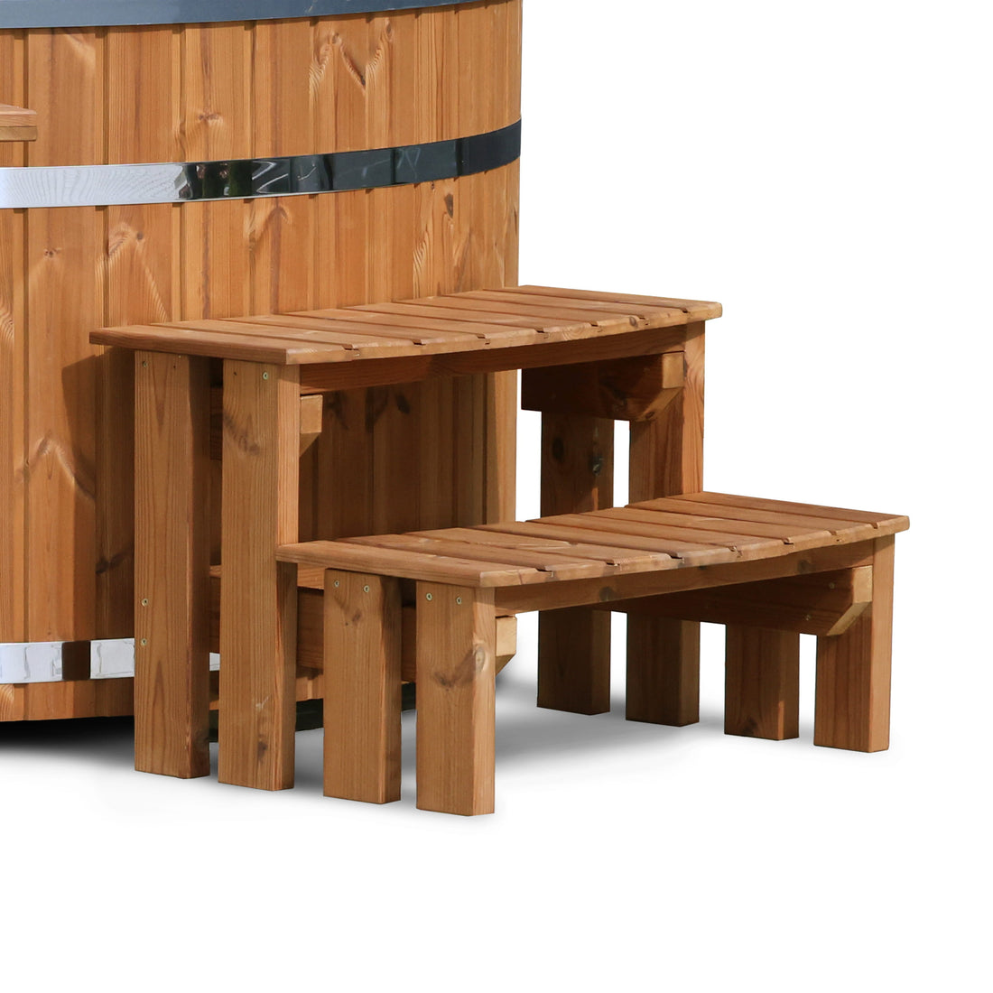 Curved steps near hot tub in white background