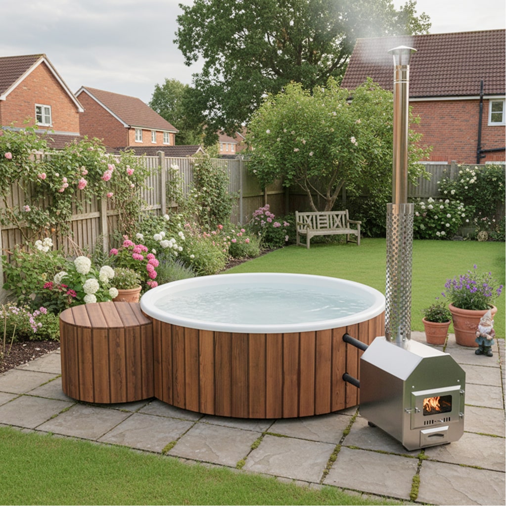Outdoor view of easy-entry 4-6 seater wood-fired hot tub with integrated stove and wooden cover in garden setting