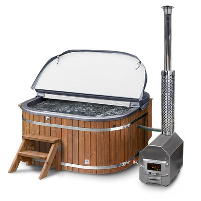A metallic grey acrylic wood fired hot tub with ThermoWood cladding, featuring an external AISI 304 stainless steel heater and chimney.