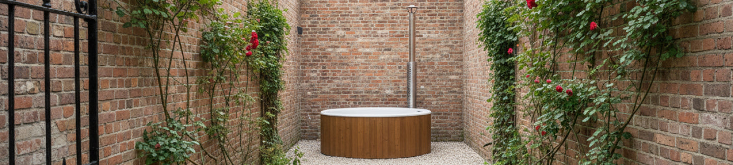 Outdoor narrow courtyard featuring a round wooden hot tub with stainless steel chimney against brick walls and climbing roses