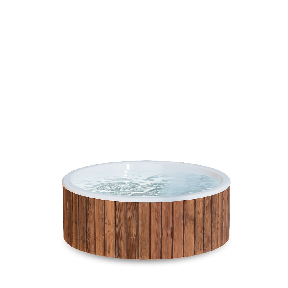 Front view of easy-entry wood-fired hot tub for 4-6 with round wooden exterior and water inside