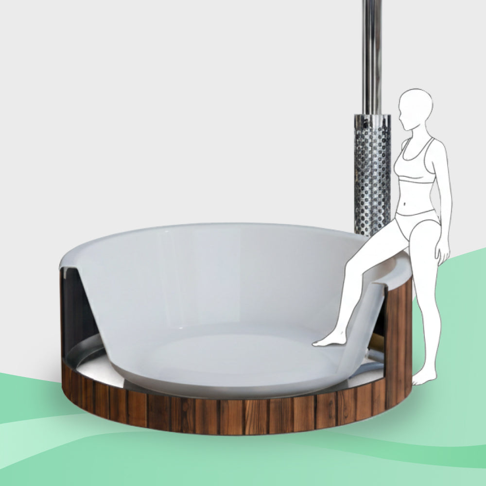 Cutaway view of round wood fired hot tub with integrated stove and a woman stepping inside