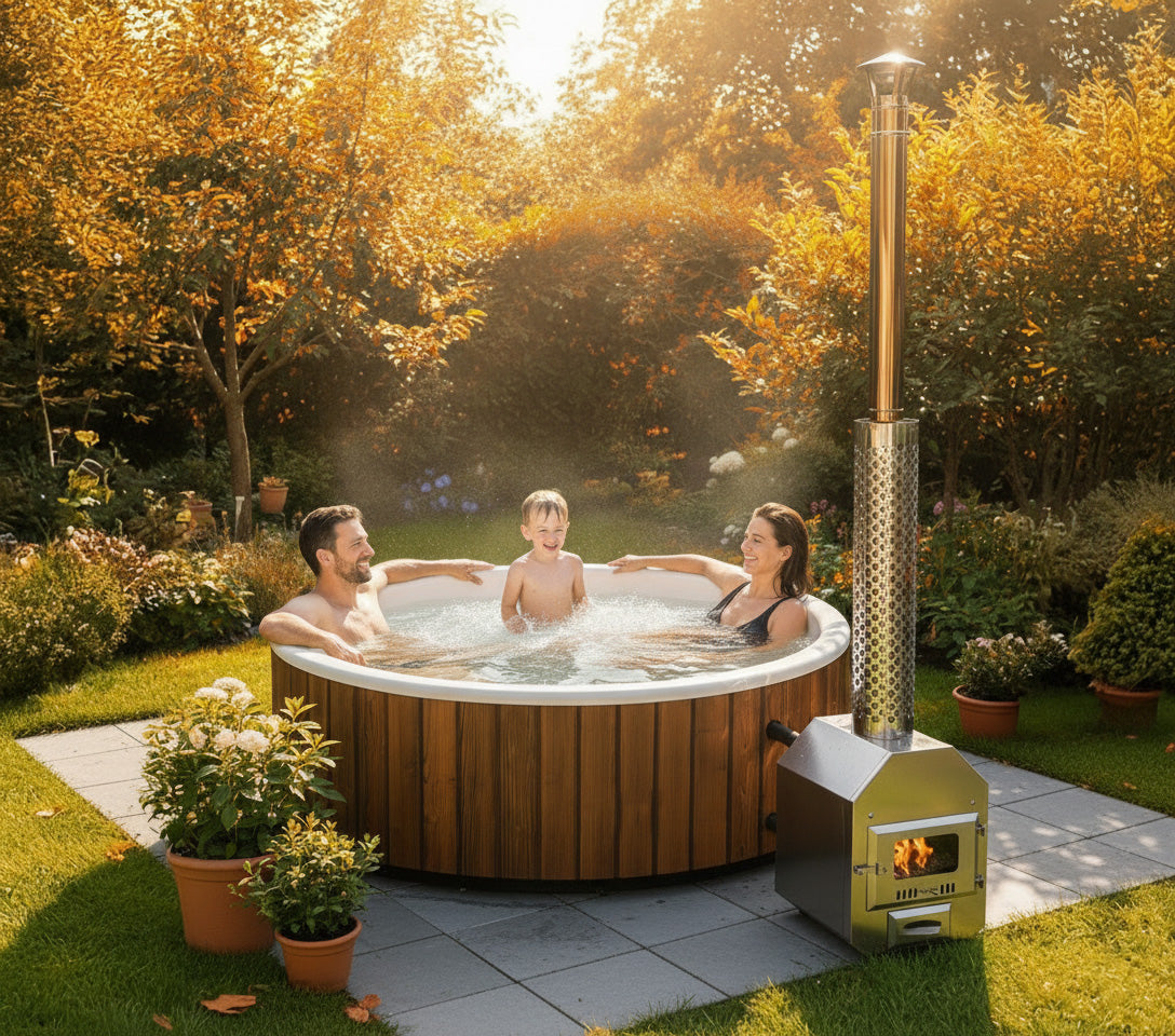 Family of three enjoying a round wood fired hot tub in a sunny garden surrounded by autumn foliage and potted plants