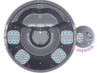 A photo of a gray insert showing the layout of 24 hydro jets, 8 air jets, LEDs and Premium Sand filter
