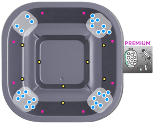 Square gray hot tub liner with a full spa layout: hydro and air jets, LED lighting