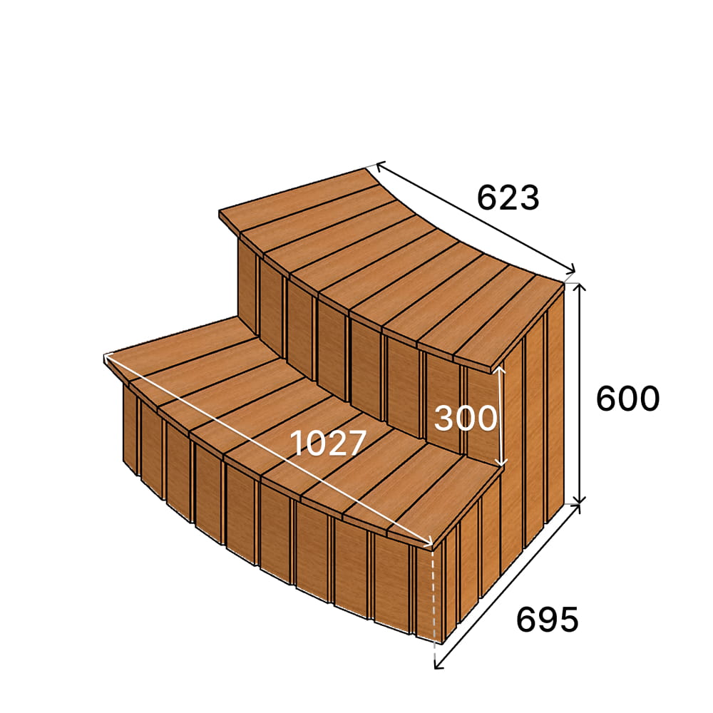 Fully cladded curved steps with measurements on a white background