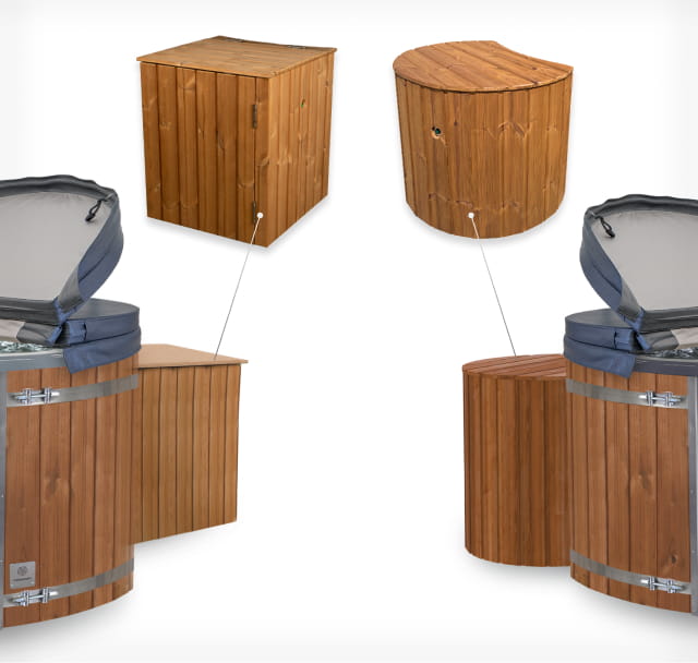  backs of two hot tubs showing different filter box options—square or round