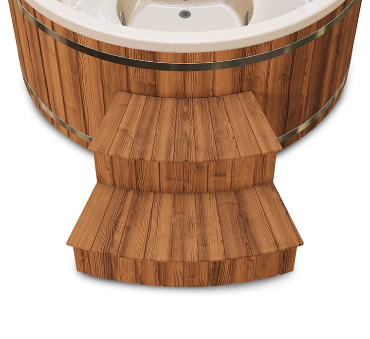 Fully cladded hot tub steps with a wooden hot tub on a white background