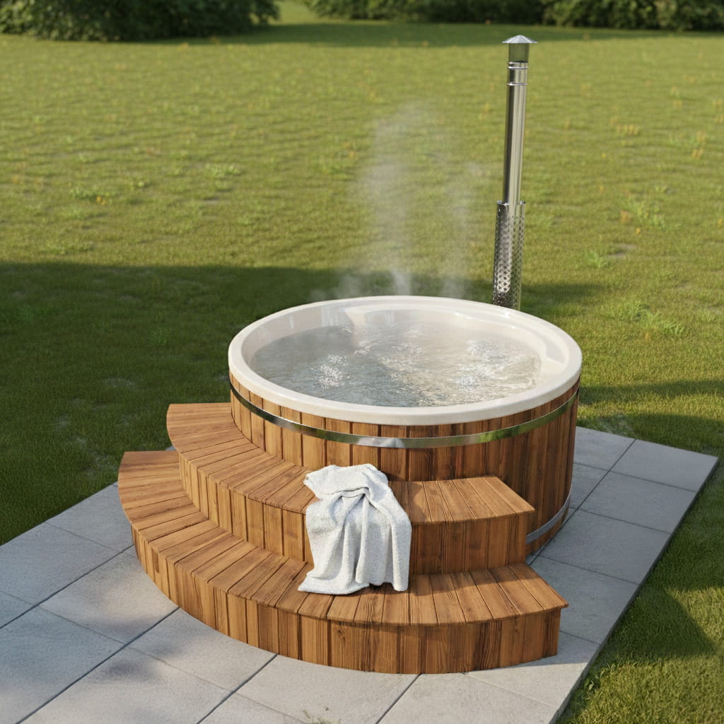 Outdoor hot tub with wide fully cladded  steps and a towel on a grassy area