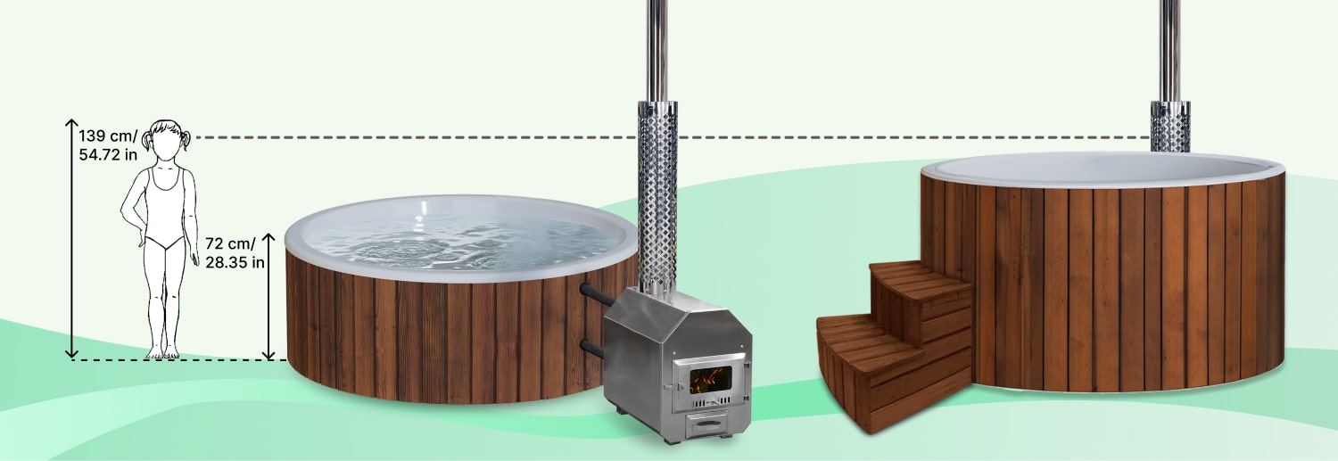 Comparison of flat-bottom and classic wood-fired hot tubs showing height differences, entry levels, and required steps for access.