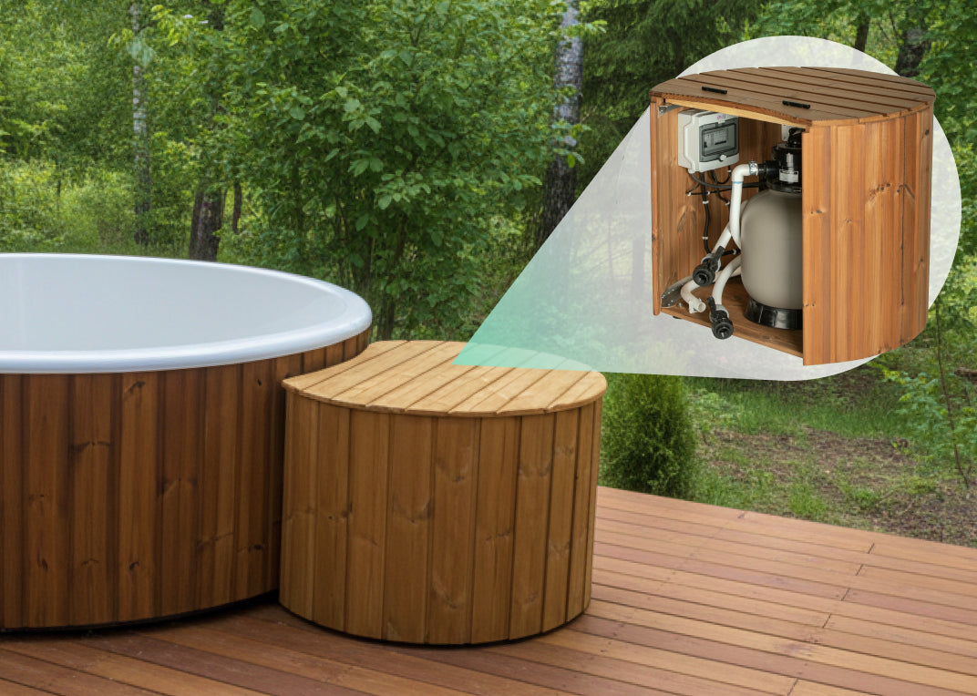 Outdoor wooden deck with round hot tub and wooden cabinet showing internal sand filter system in inset circle